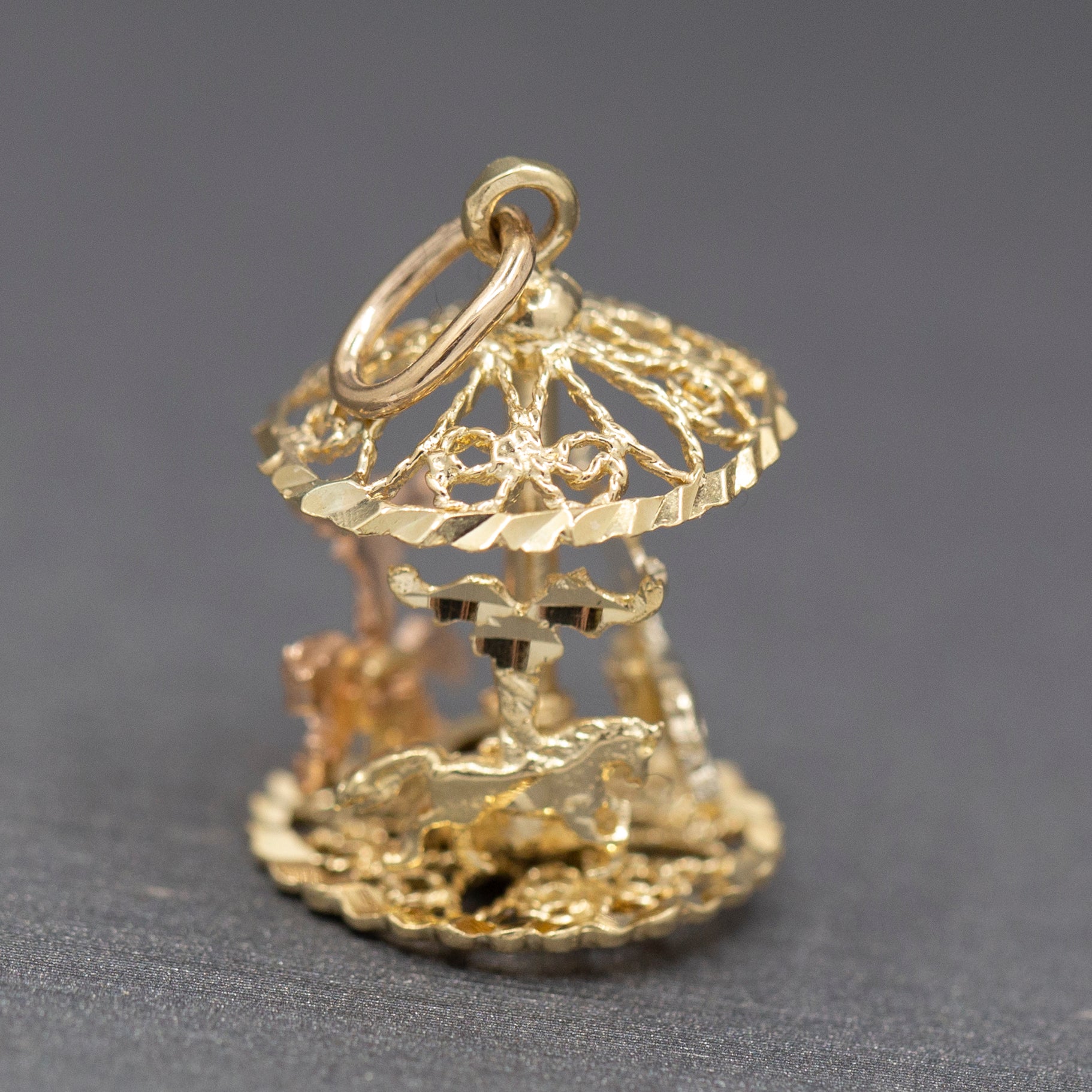 Spinning Horse Carousel Charm Pendant in 14k Rose White and Yellow Gold
