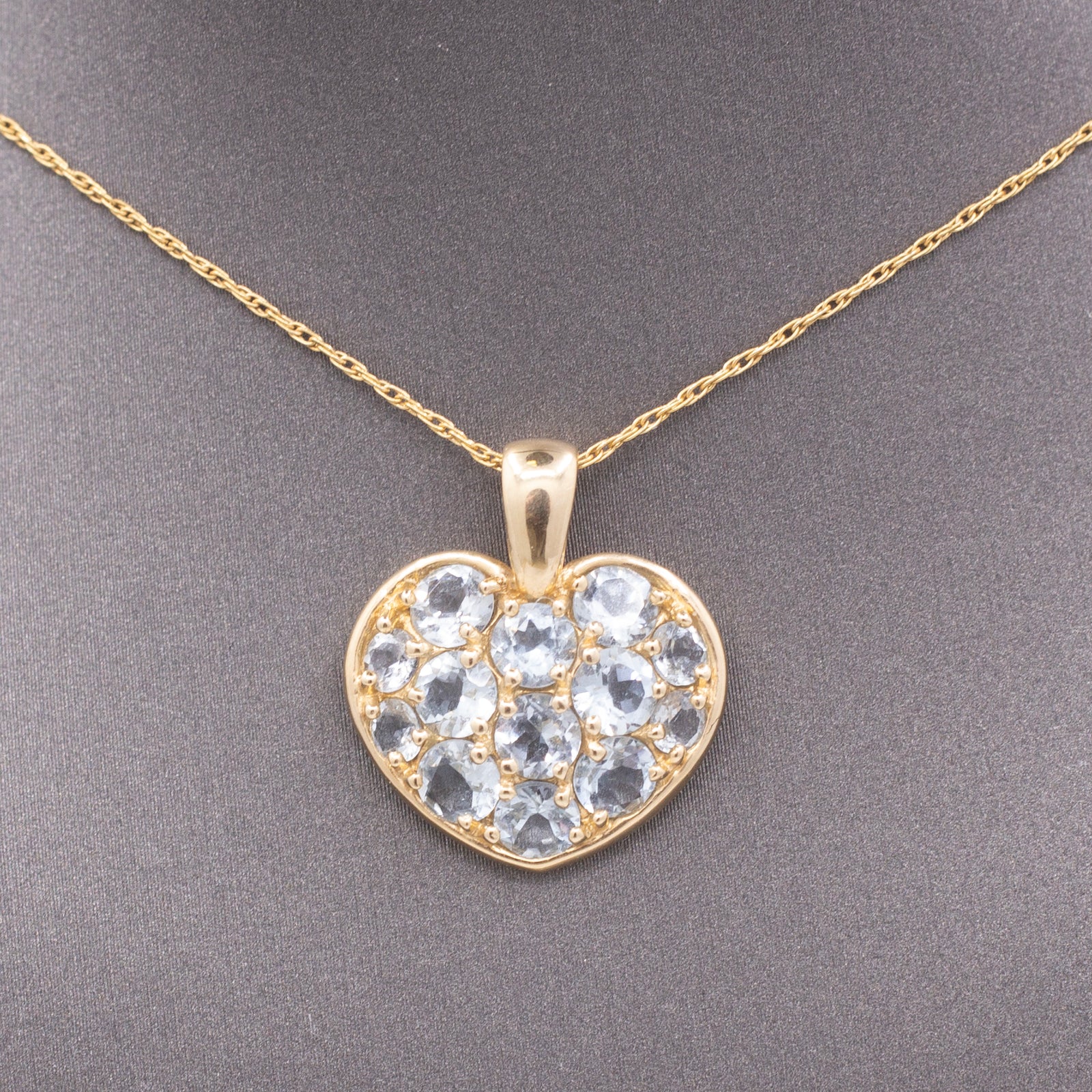 Sparkling Aquamarine Pave' Heart Pendant Necklace in 14k Yellow Gold