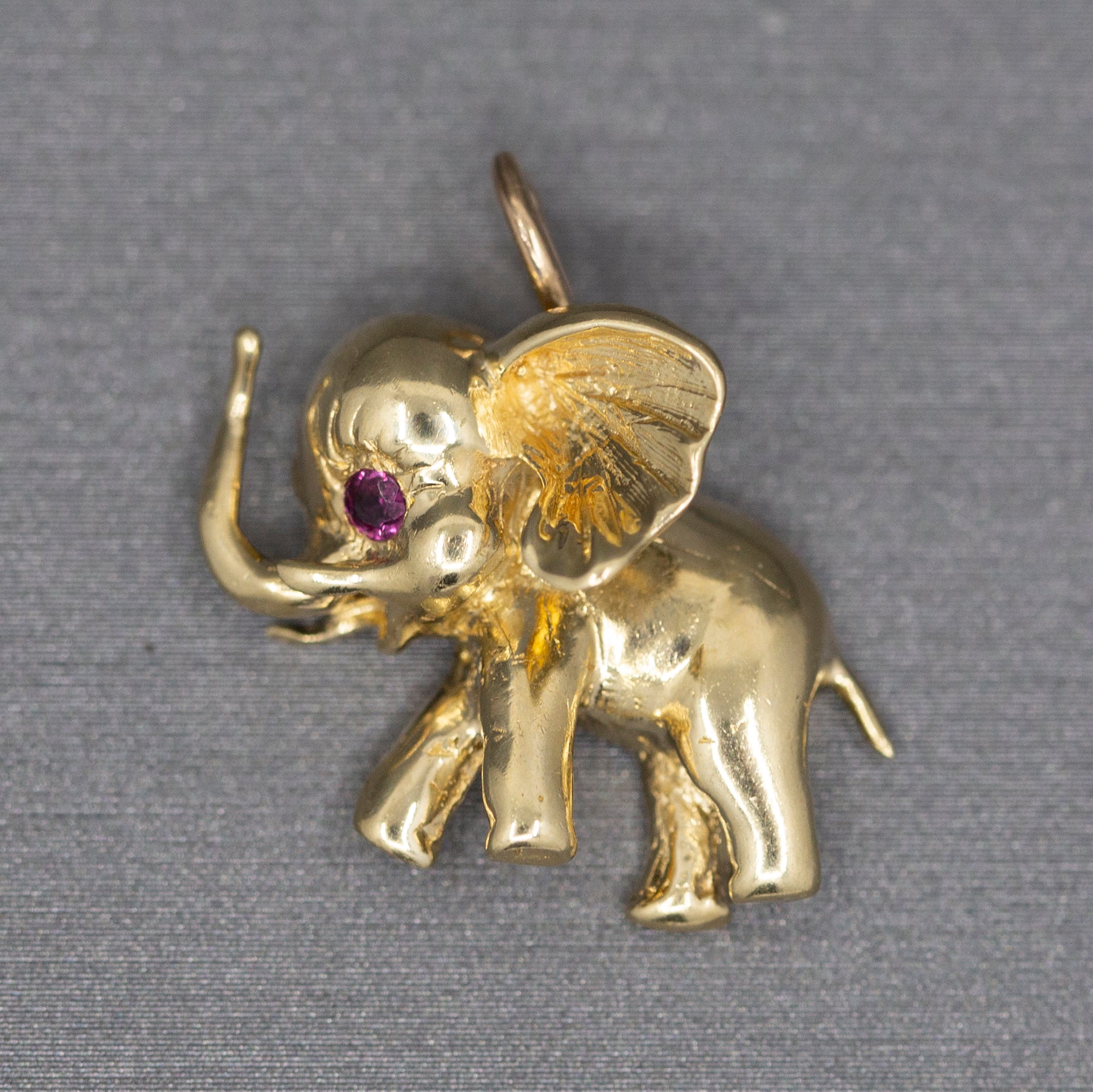 Darling Lucky Elephant Charm with Ruby Eye in 14k Yellow Gold