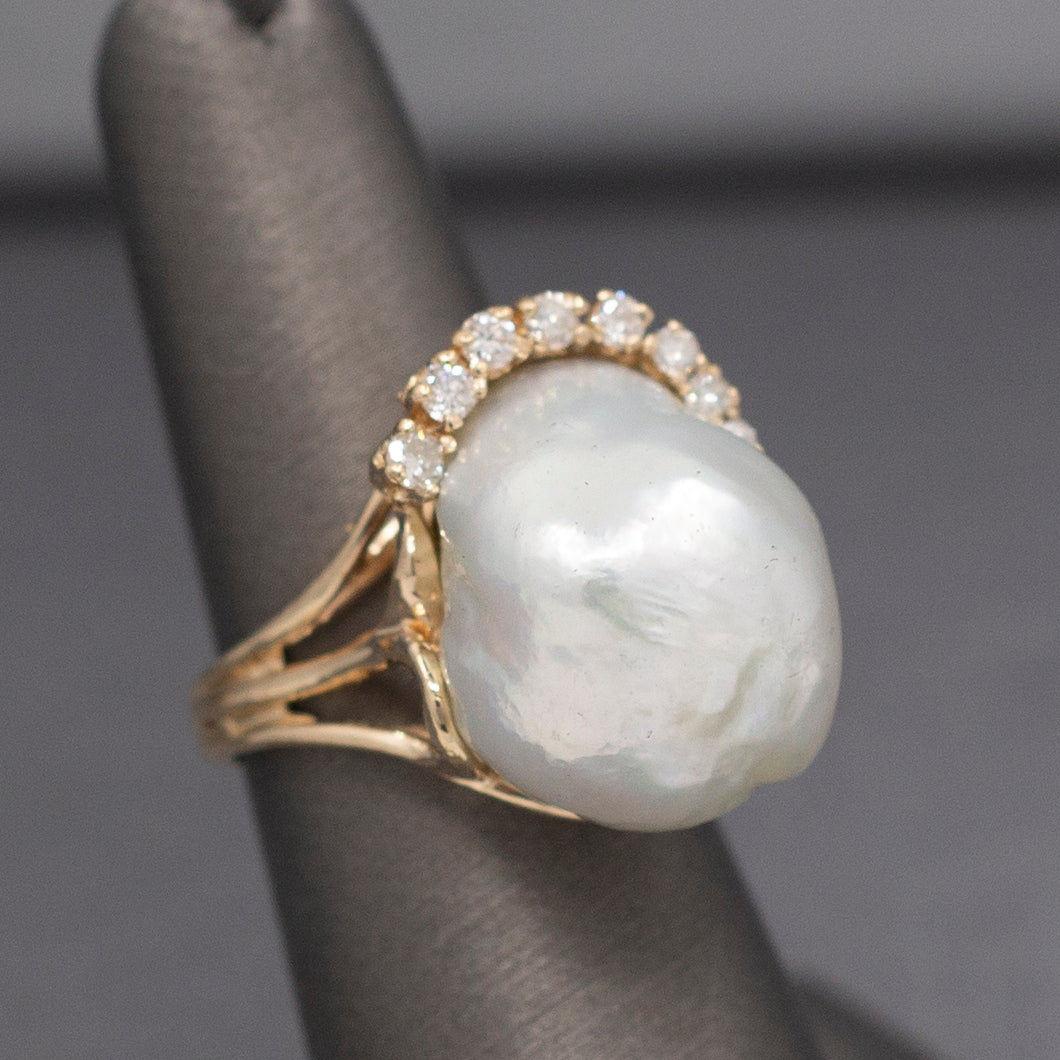 Stunning Baroque South Sea Pearl and Diamond Ring in 14k Yellow Gold