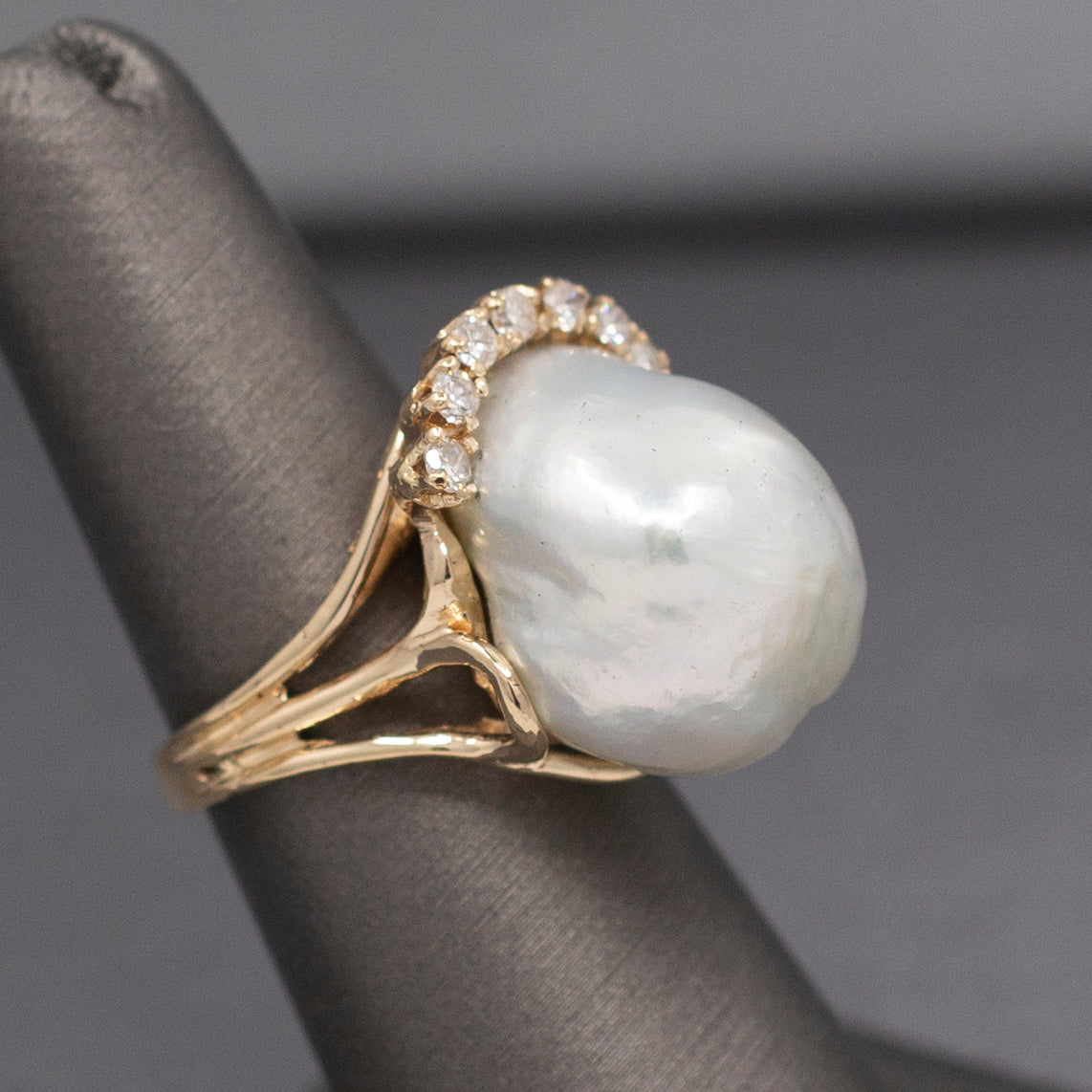 Stunning Baroque South Sea Pearl and Diamond Ring in 14k Yellow Gold