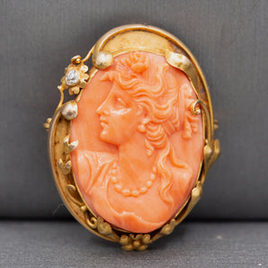 Exceptional Carved Coral Cameo with Old Mine Cut Diamond Pendant Brooch in 14k Yellow Gold