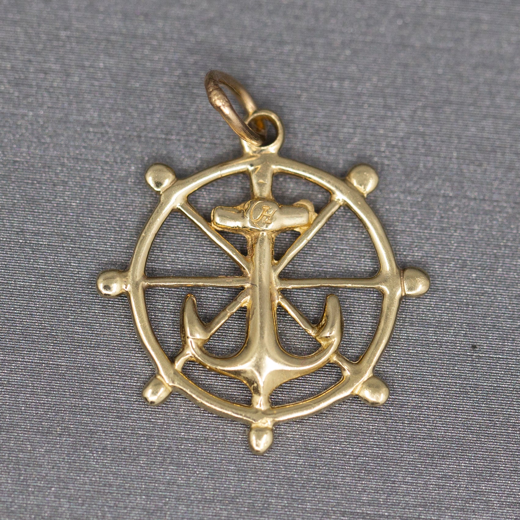 Vintage Anchor and Ship's Wheel Pendant Charm in 14k Yellow Gold