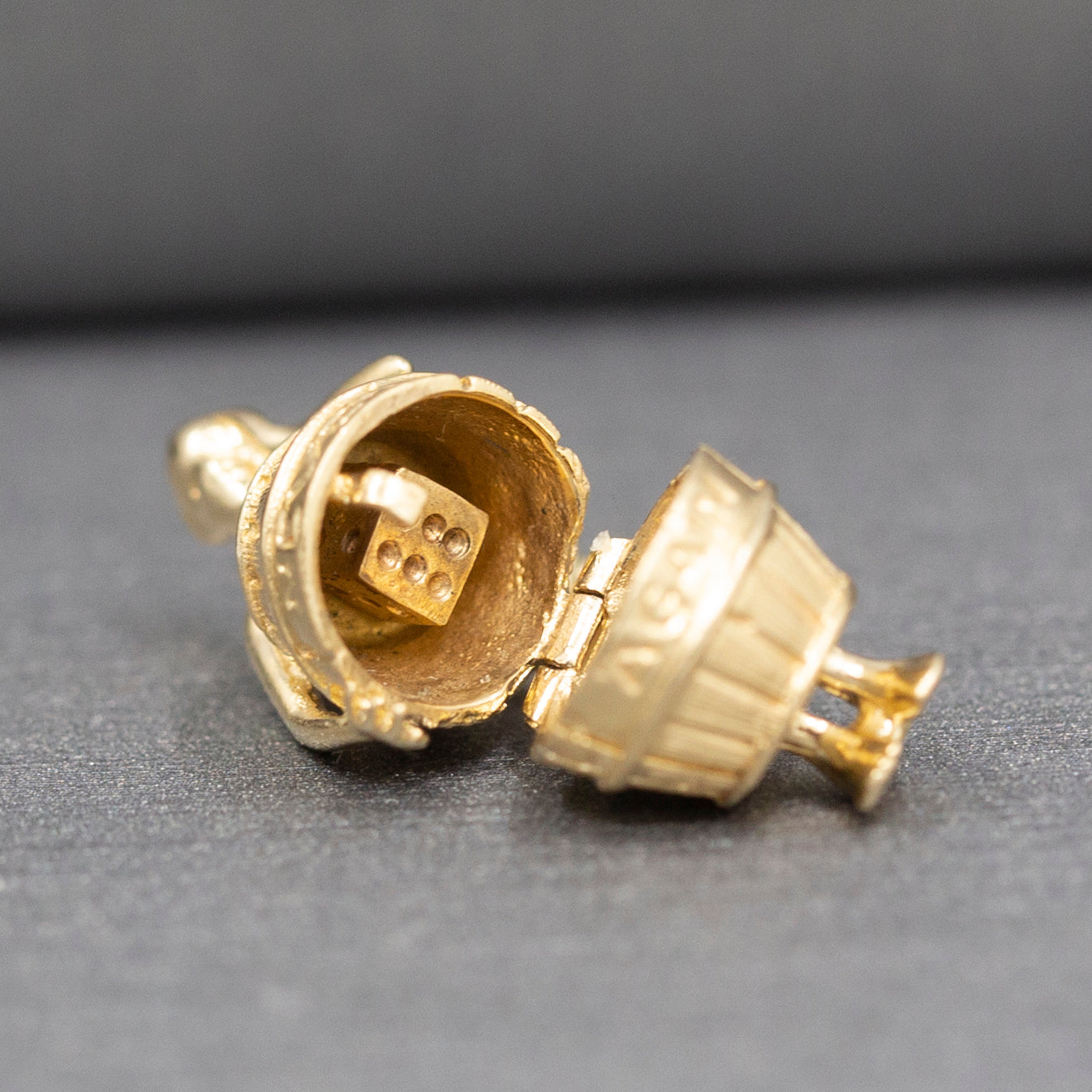 Vintage Man in a Barrel Good Luck Bad Luck Dice Charm in 14k Yellow Gold