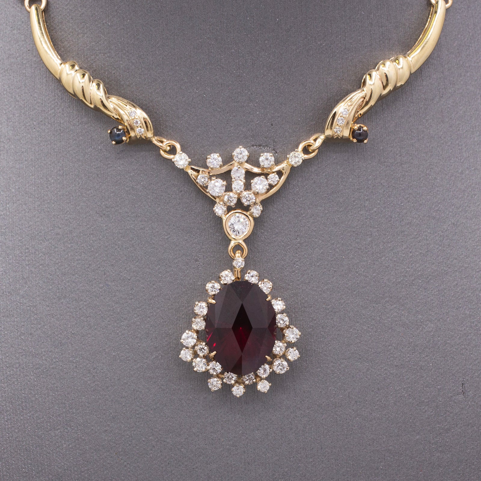 Incredible Vintage Garnet and Diamond Custom Necklace in 14k Yellow Gold