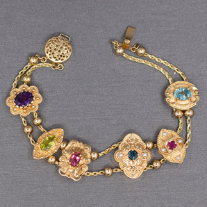  Vintage Richard Glatter RGVS Multi Gemstone Slide Bracelet in 14k Yellow Gold