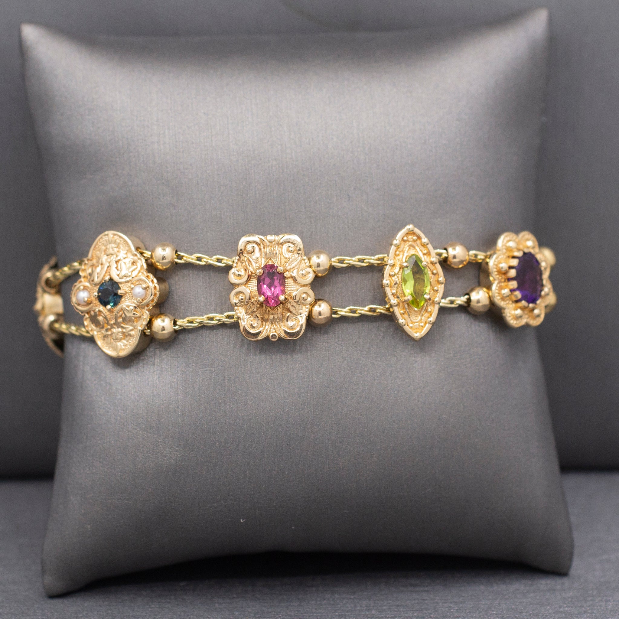 Vintage Richard Glatter RGVS Multi Gemstone Slide Bracelet in 14k Yellow Gold