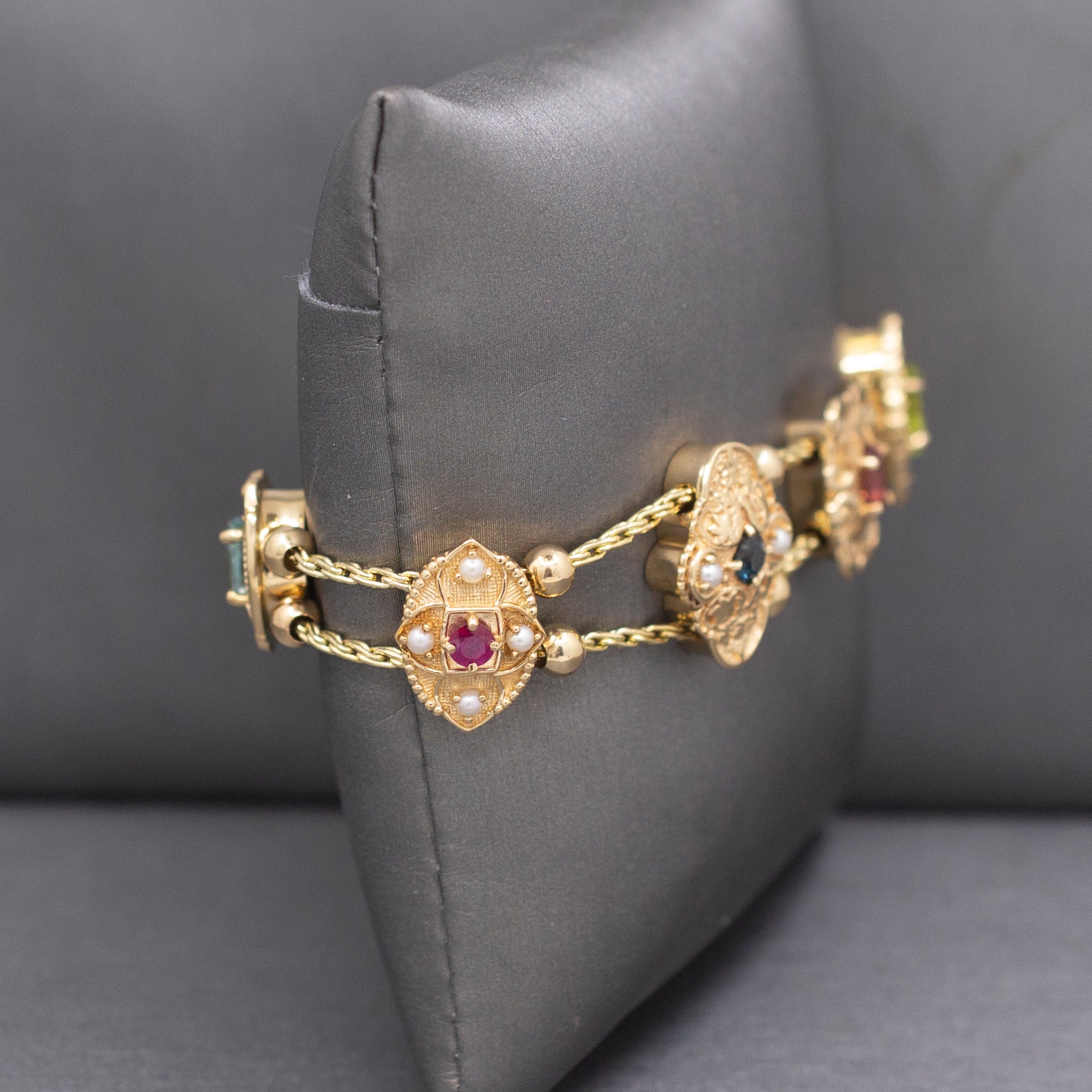 Vintage Richard Glatter RGVS Multi Gemstone Slide Bracelet in 14k Yellow Gold