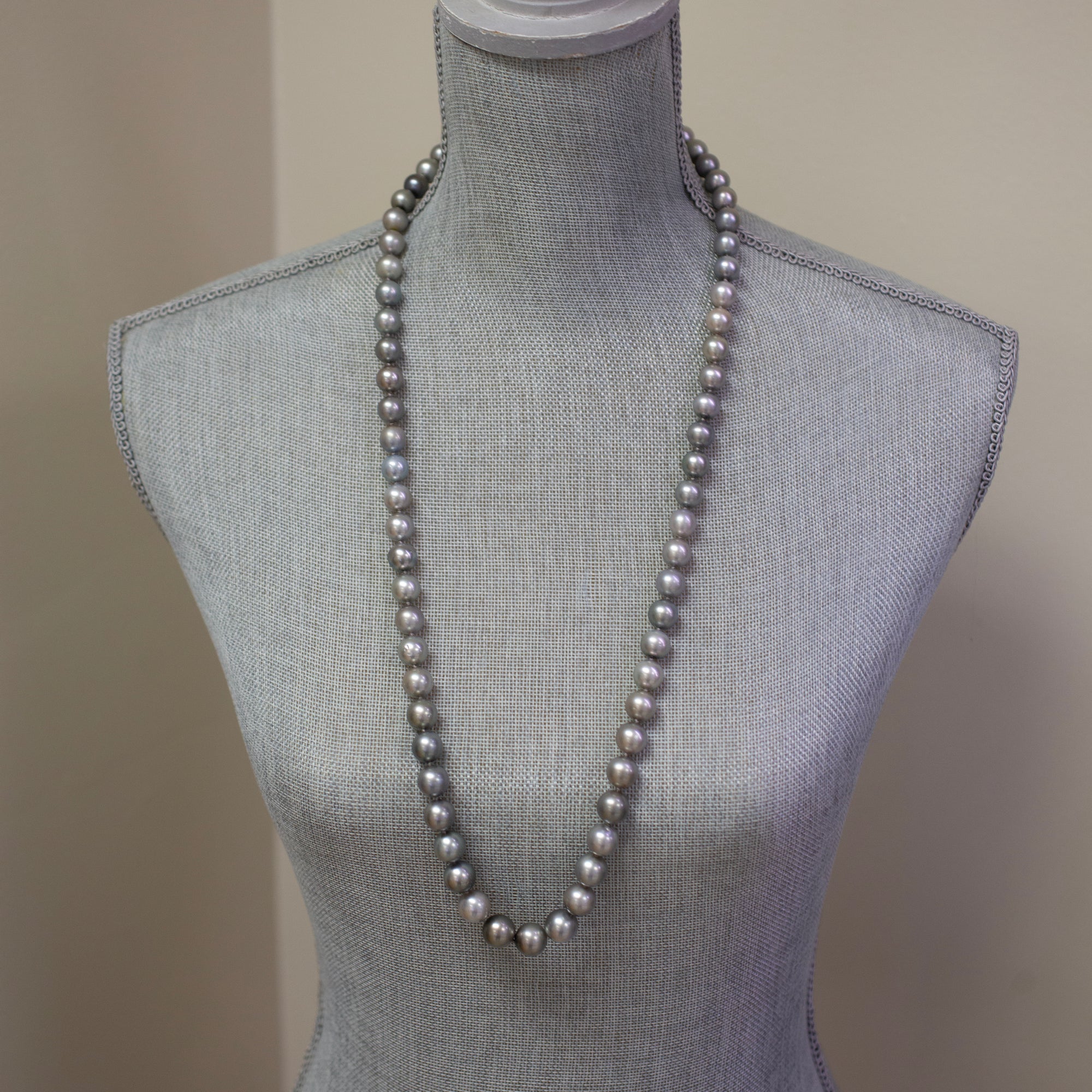 Silver South Sea Pearl Opera Length Strand Necklace with 14k Yellow Gold Clasp