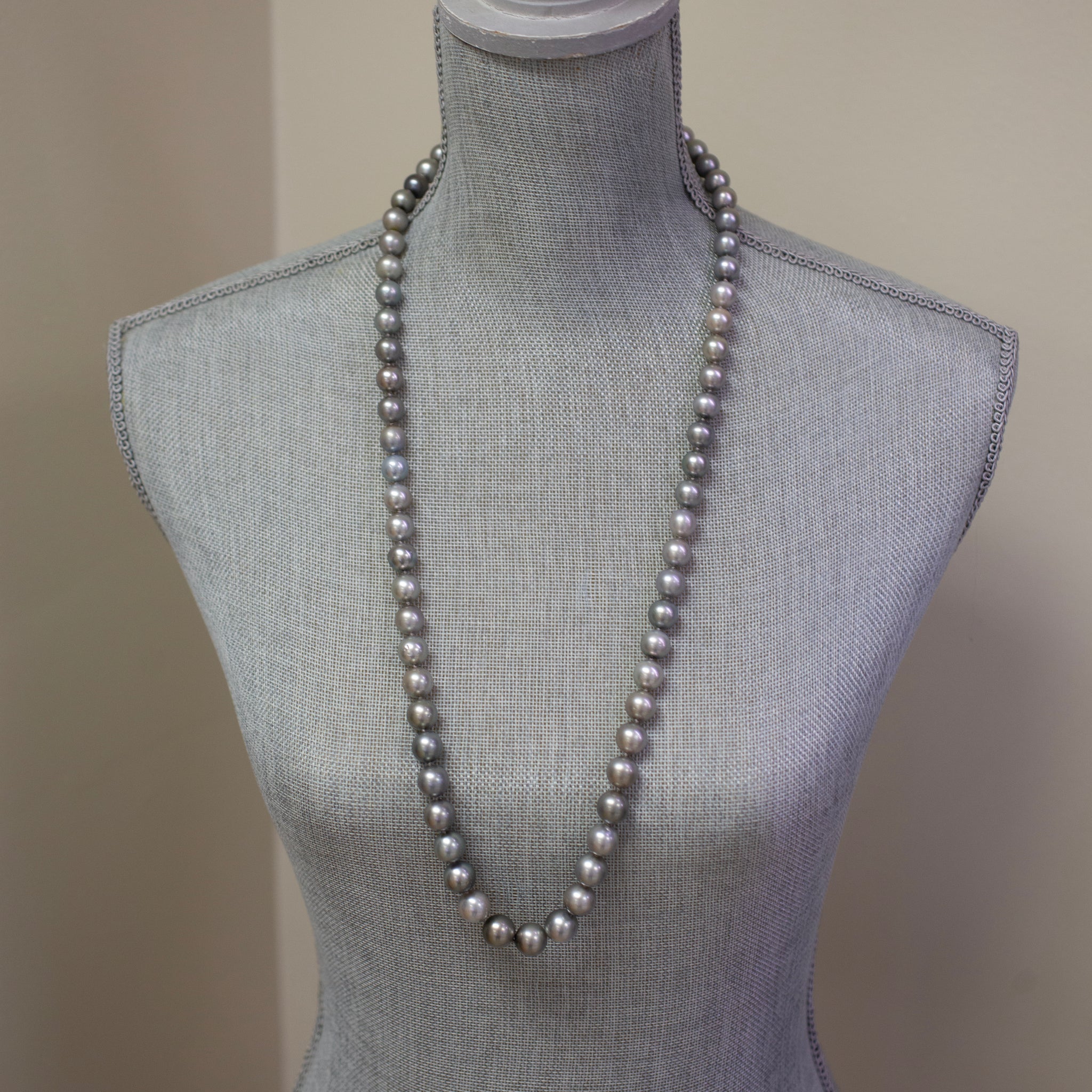 Silver South Sea Pearl Opera Length Strand Necklace with 14k Yellow Gold Clasp