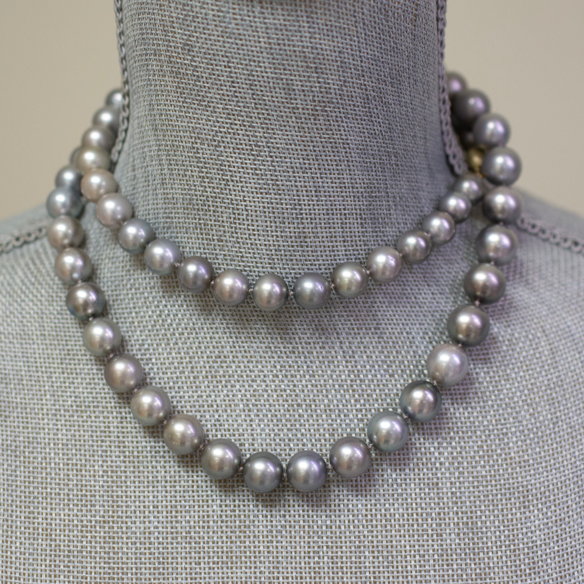 Silver South Sea Pearl Opera Length Strand Necklace with 14k Yellow Gold Clasp