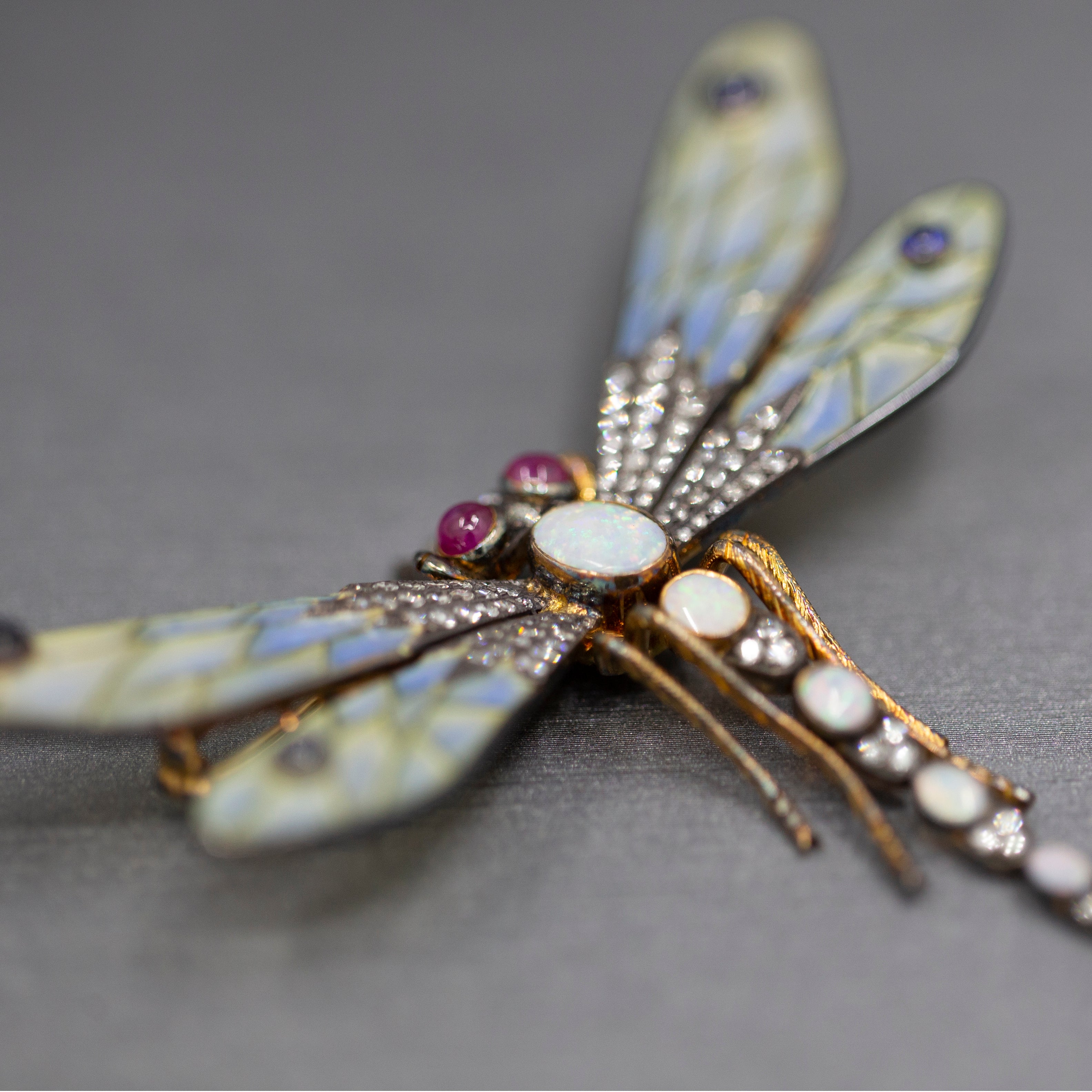 Spectacular Plique a Jour Opal Ruby Sapphire and Old Cut Diamond Dragonfly Brooch