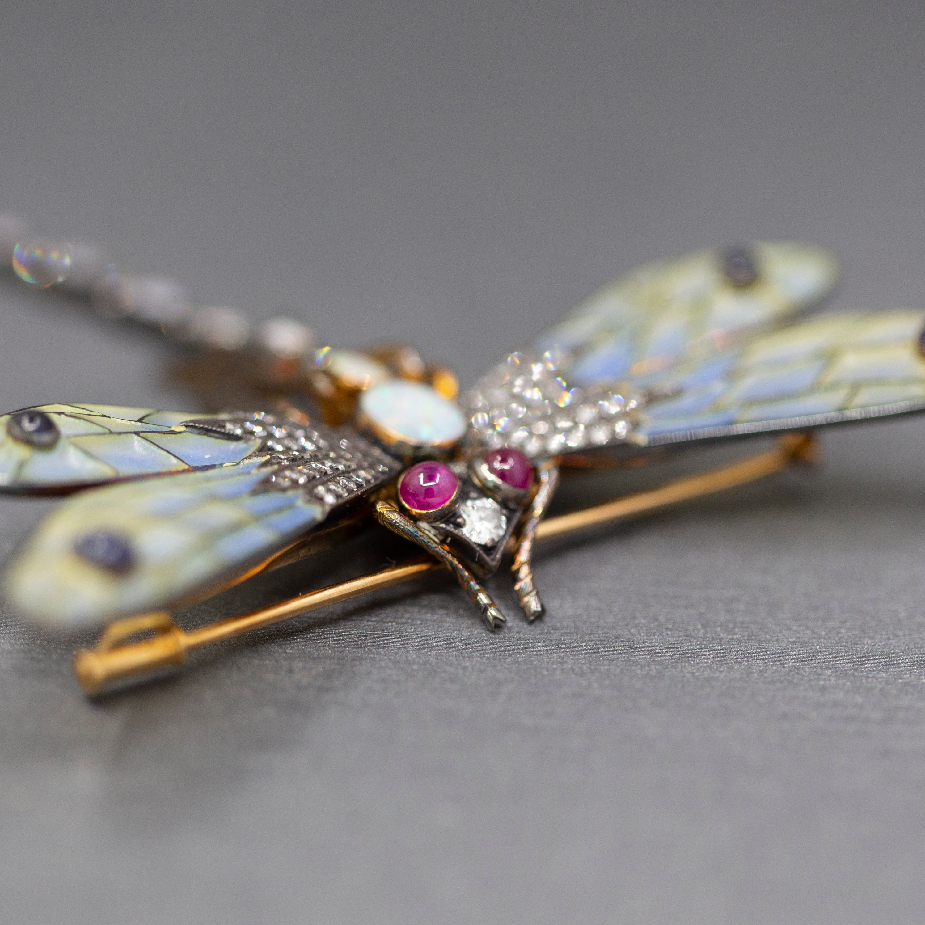 Spectacular Plique a Jour Opal Ruby Sapphire and Old Cut Diamond Dragonfly Brooch