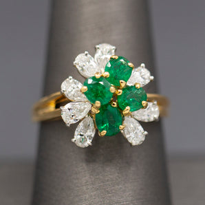 Exquisite Oscar Heyman Oval Emerald and Pear Cut Diamond Cluster Ring in 18k and Platinum