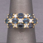 Vintage Sapphire and Diamond Three Row Band Ring in 18k Yellow Gold