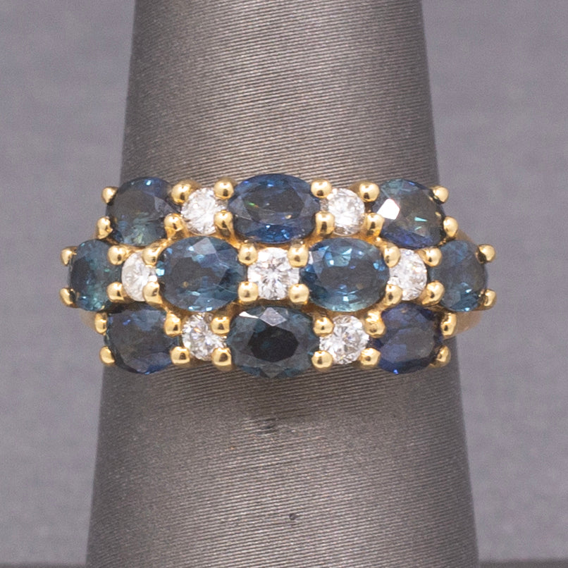 Vintage Sapphire and Diamond Three Row Band Ring in 18k Yellow Gold