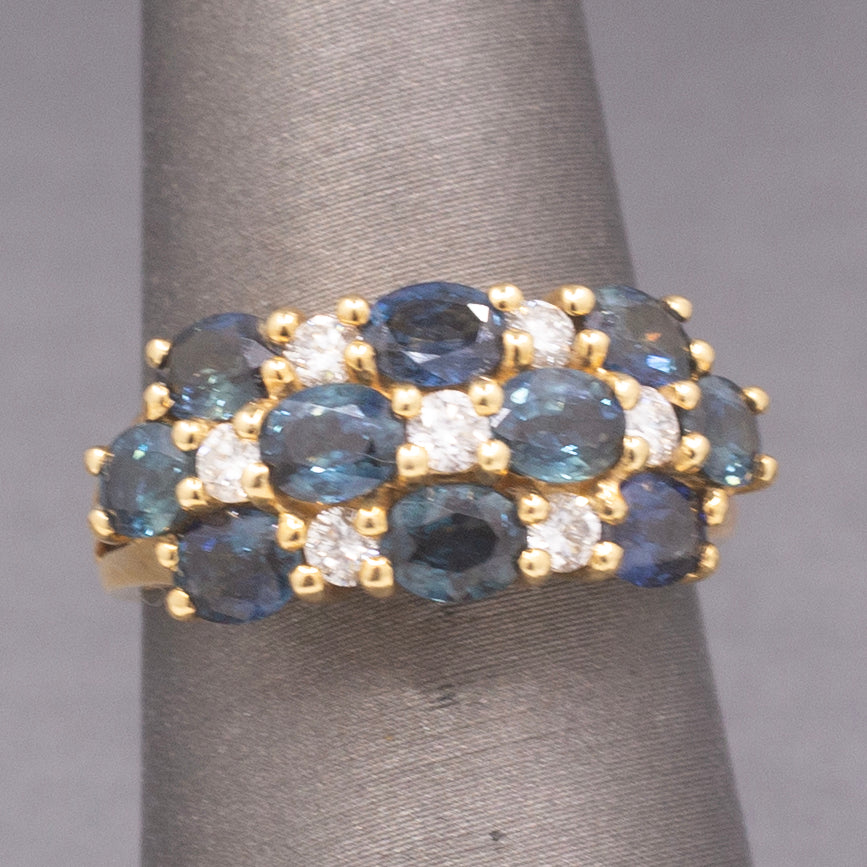 Vintage Sapphire and Diamond Three Row Band Ring in 18k Yellow Gold