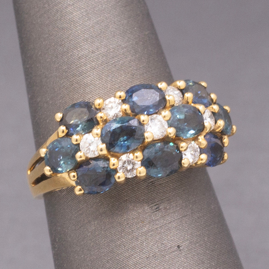 Vintage Sapphire and Diamond Three Row Band Ring in 18k Yellow Gold