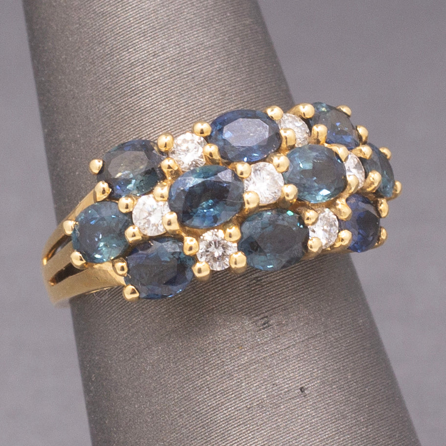 Vintage Sapphire and Diamond Three Row Band Ring in 18k Yellow Gold