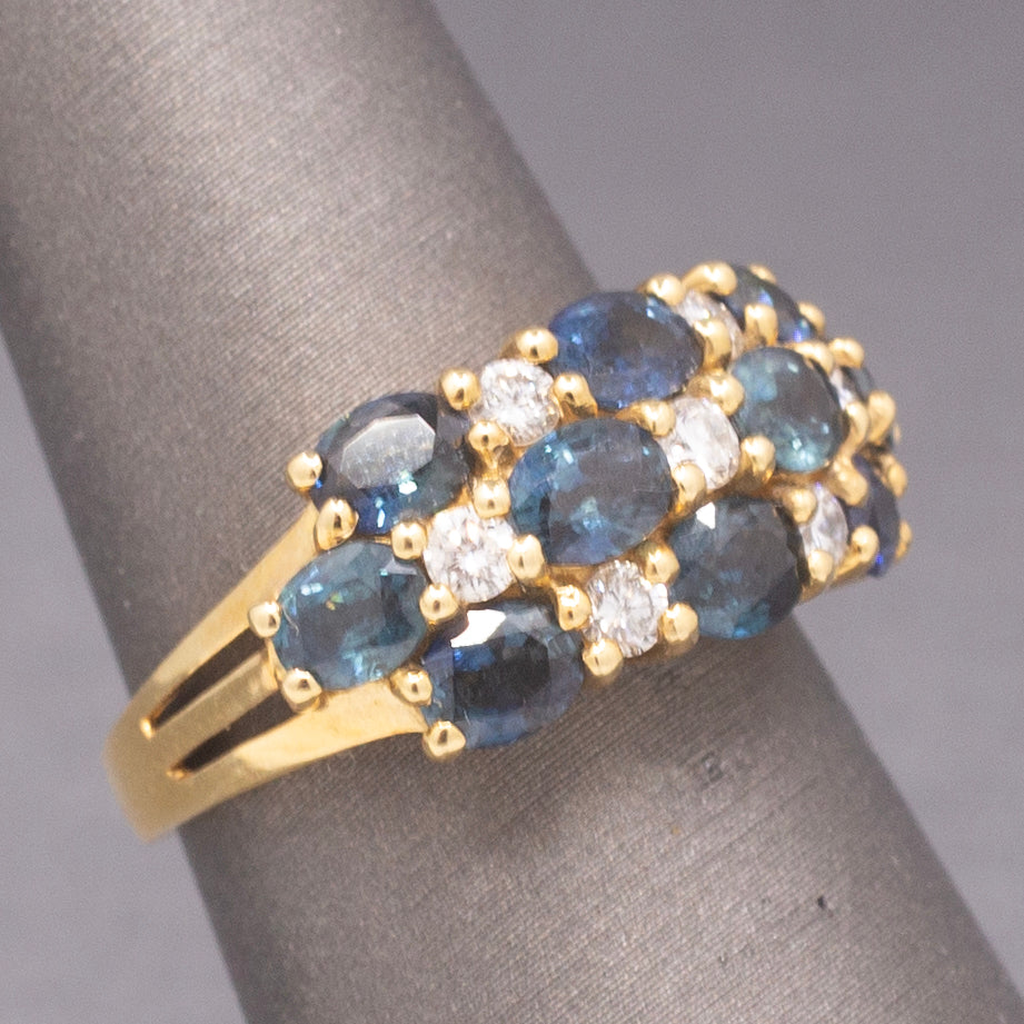 Vintage Sapphire and Diamond Three Row Band Ring in 18k Yellow Gold