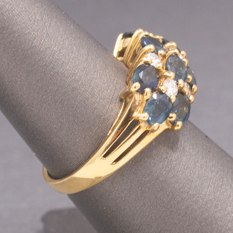 Vintage Sapphire and Diamond Three Row Band Ring in 18k Yellow Gold