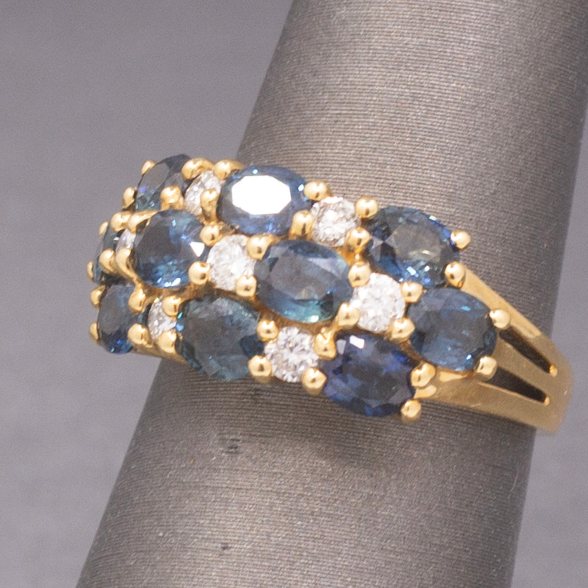 Vintage Sapphire and Diamond Three Row Band Ring in 18k Yellow Gold
