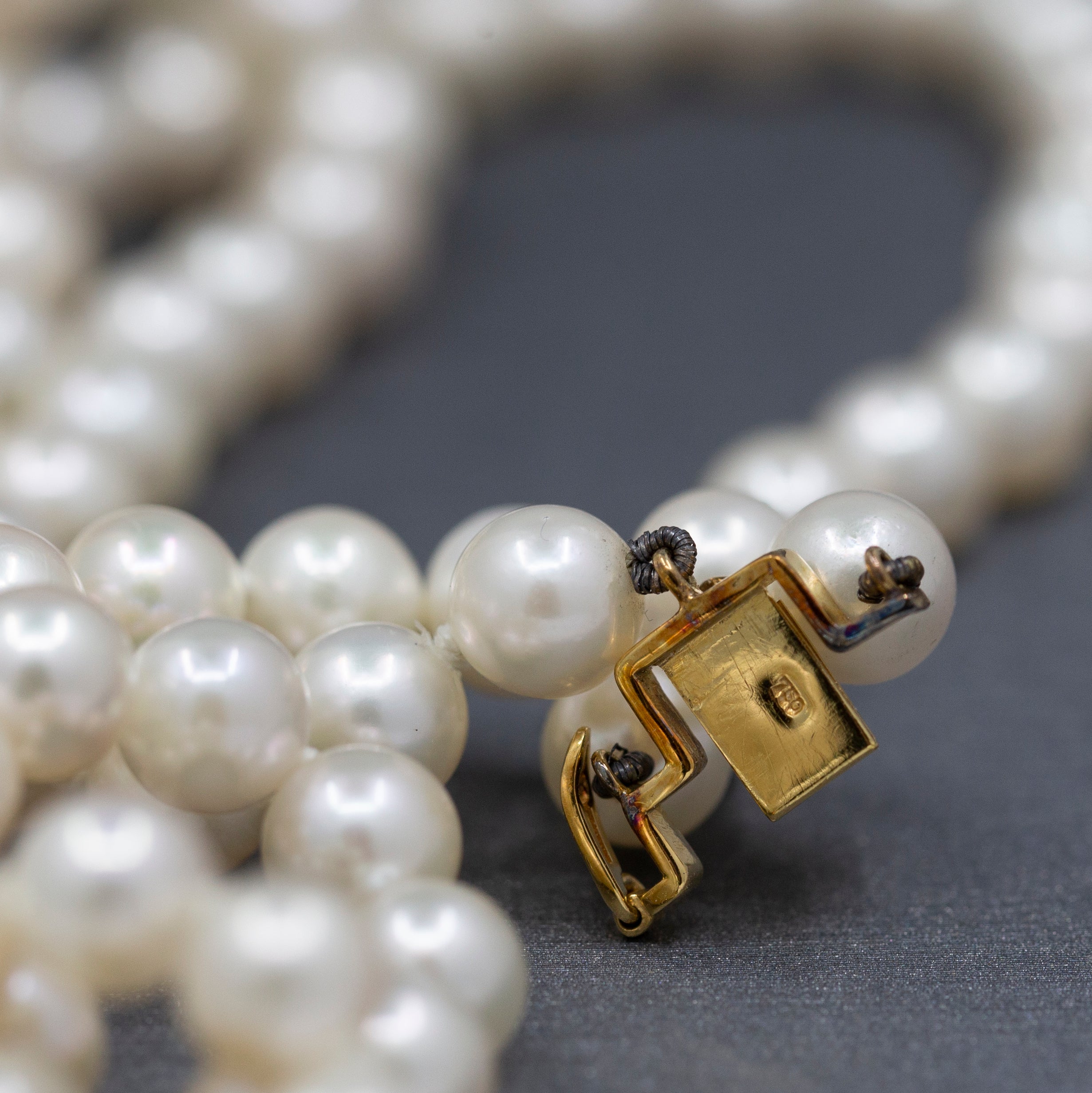 Luxe Triple Strand Pearl Necklace with Sapphire and Diamond Clasp in 18k Yellow Gold