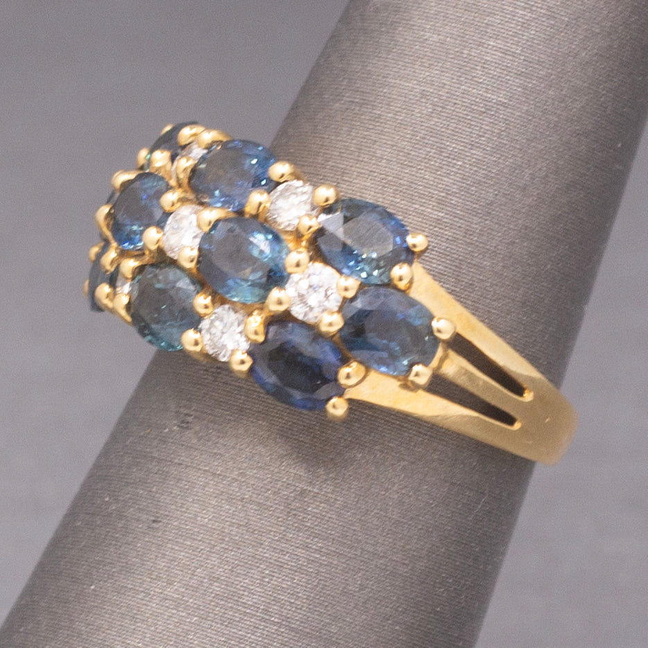 Vintage Sapphire and Diamond Three Row Band Ring in 18k Yellow Gold