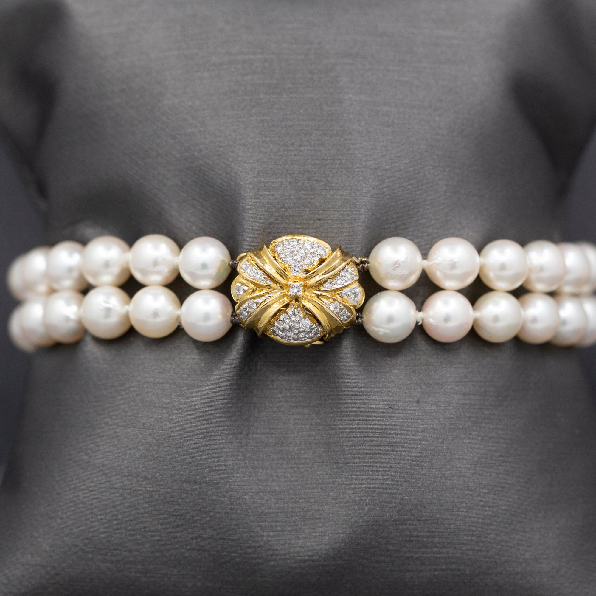 Luxurious Two Strand Cultured Pearl Bracelet with Diamond Clasp in 18k Yellow Gold
