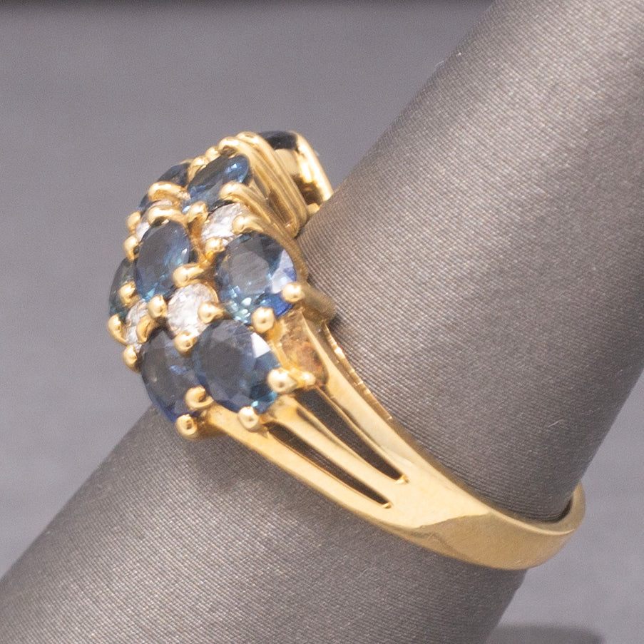 Vintage Sapphire and Diamond Three Row Band Ring in 18k Yellow Gold