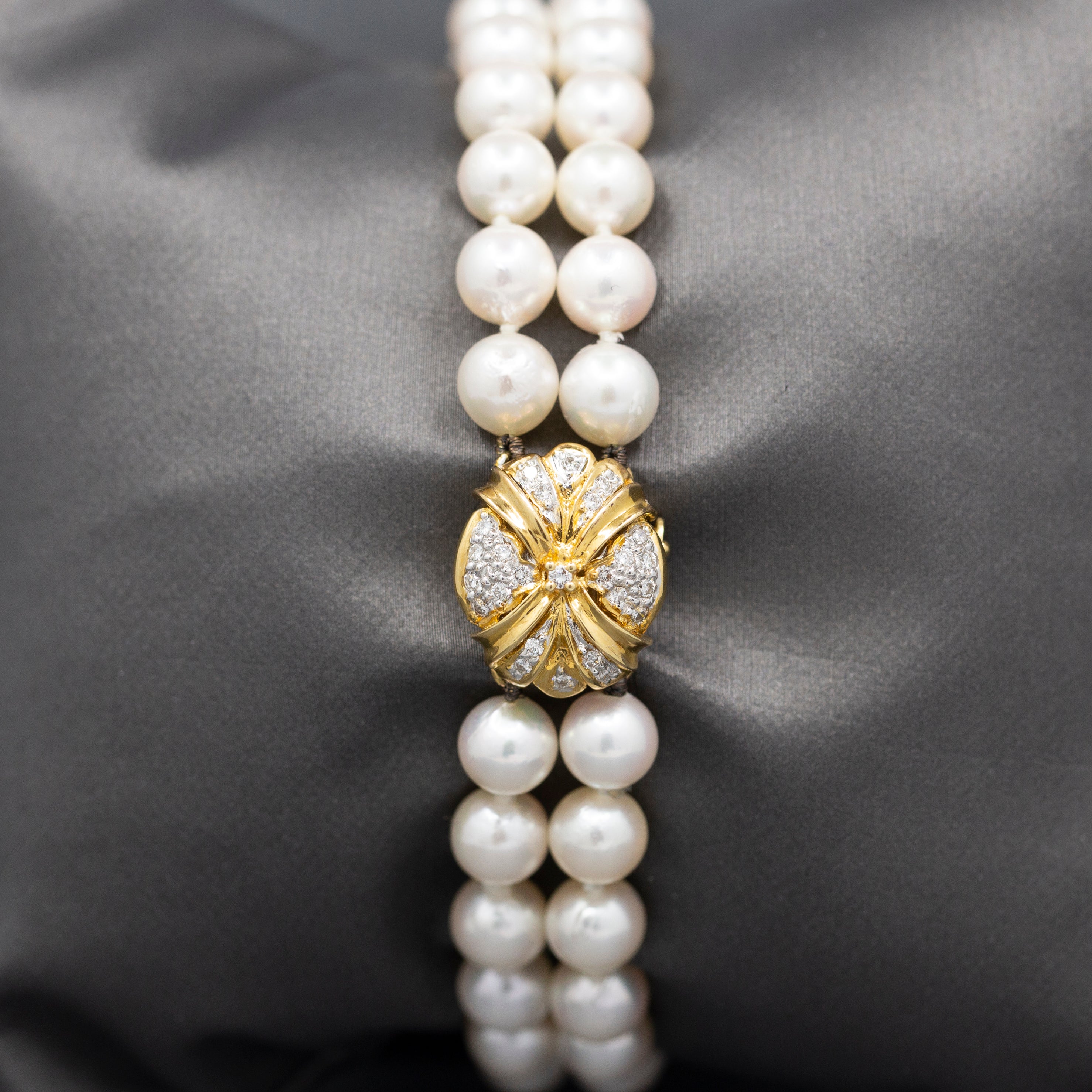 Luxurious Two Strand Cultured Pearl Bracelet with Diamond Clasp in 18k Yellow Gold