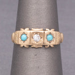Antique Victorian Old Mine Cut Diamond and Turquoise Band Ring in 9k Rosy Gold