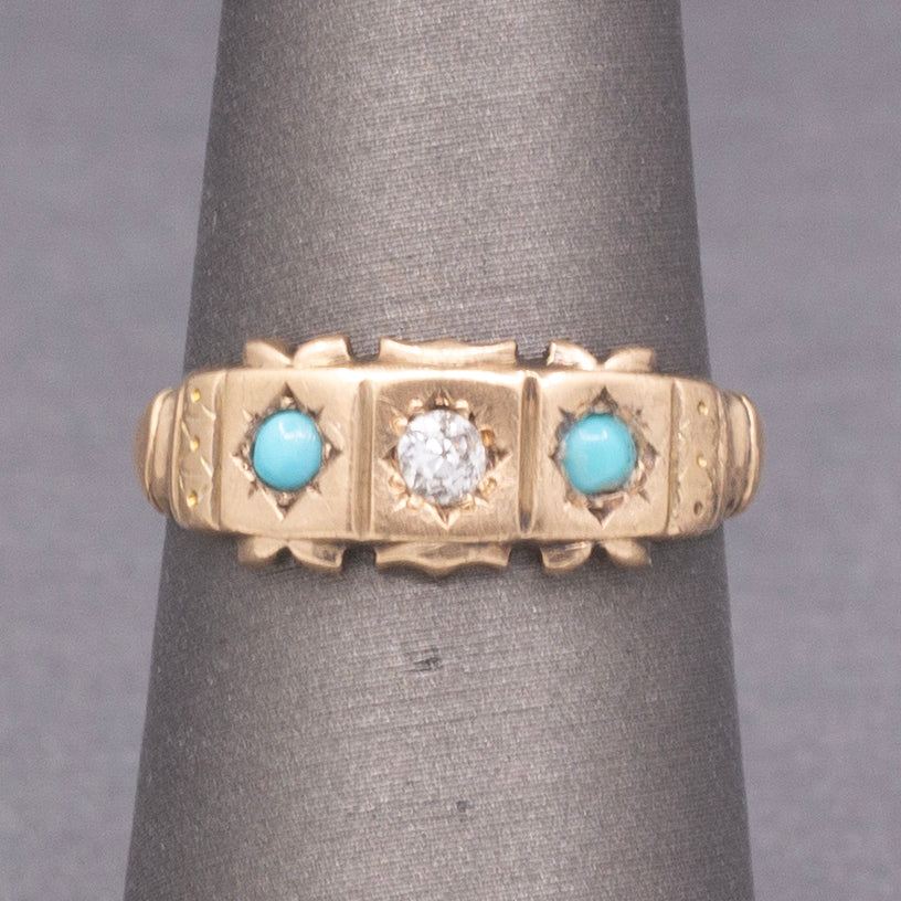 Antique Victorian Old Mine Cut Diamond and Turquoise Band Ring in 9k Rosy Gold
