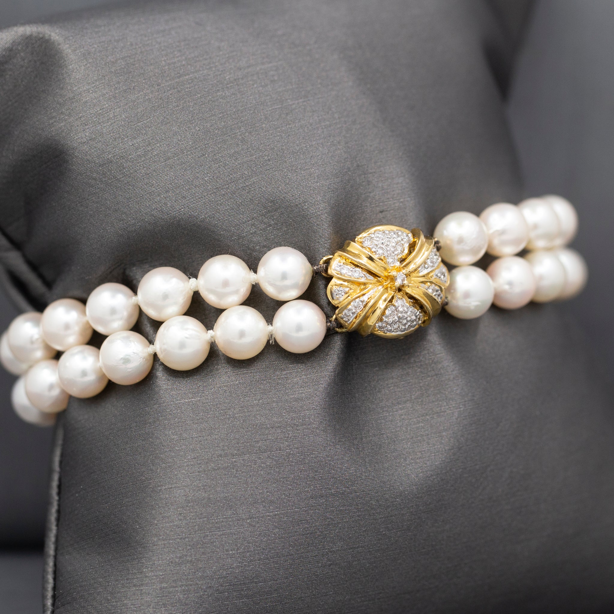 Luxurious Two Strand Cultured Pearl Bracelet with Diamond Clasp in 18k Yellow Gold
