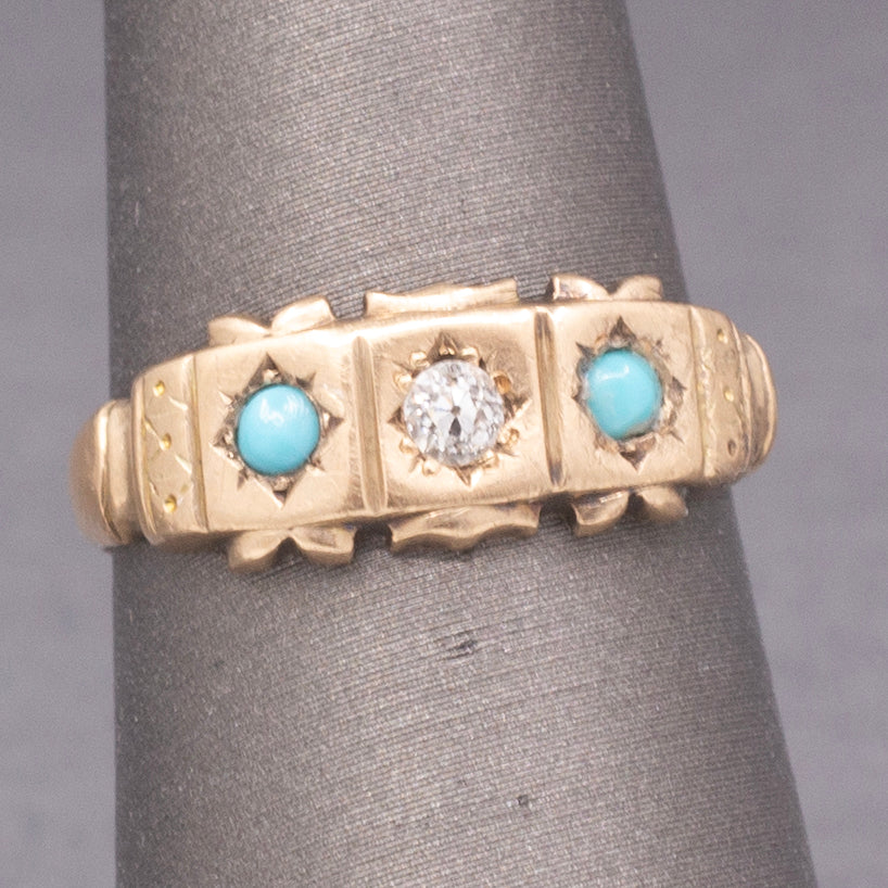 Antique Victorian Old Mine Cut Diamond and Turquoise Band Ring in 9k Rosy Gold