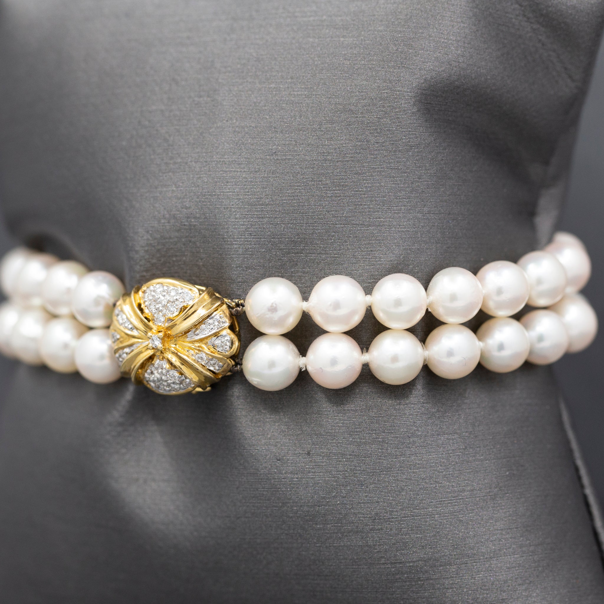 Luxurious Two Strand Cultured Pearl Bracelet with Diamond Clasp in 18k Yellow Gold