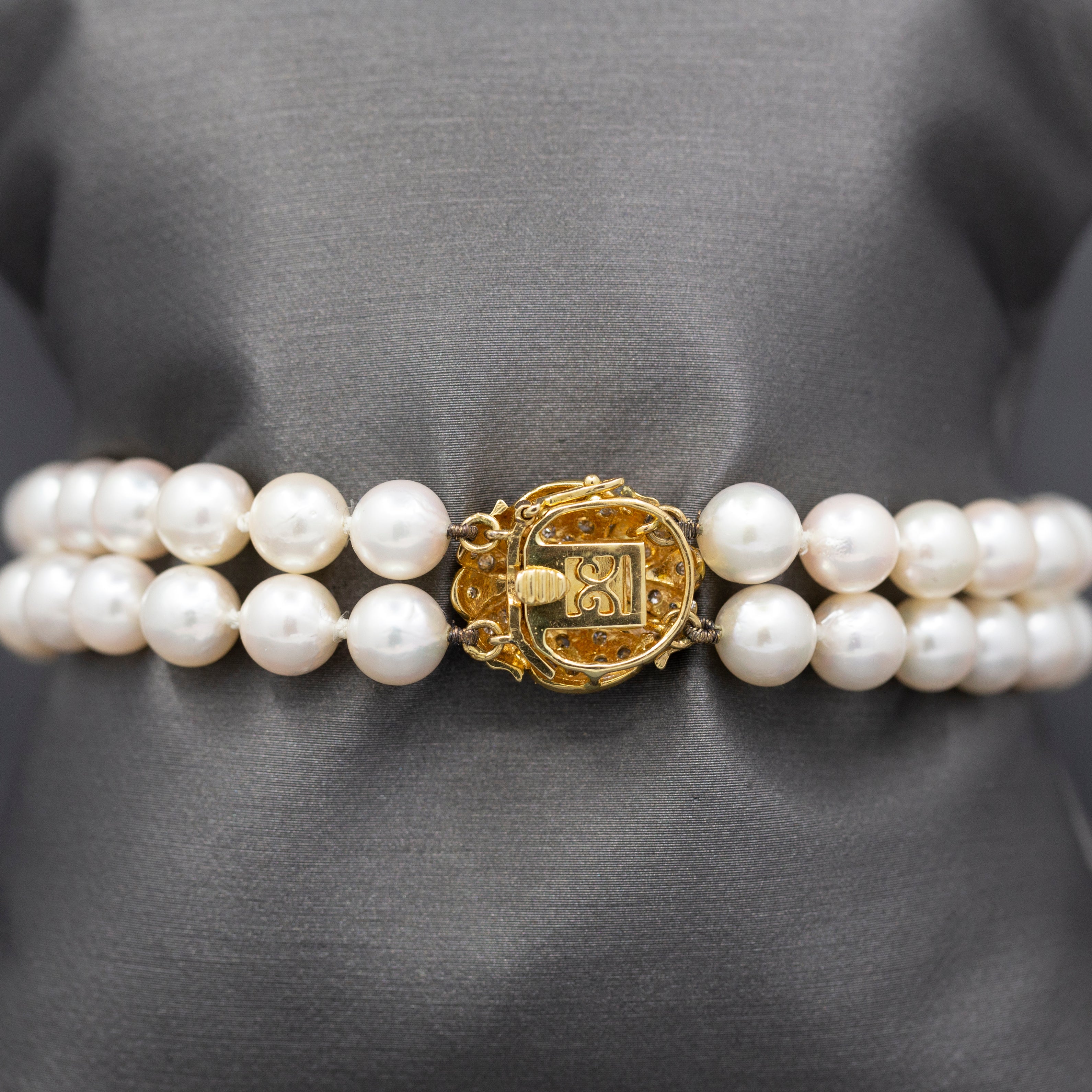 Luxurious Two Strand Cultured Pearl Bracelet with Diamond Clasp in 18k Yellow Gold