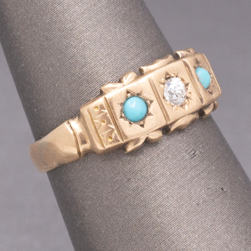 Antique Victorian Old Mine Cut Diamond and Turquoise Band Ring in 9k Rosy Gold