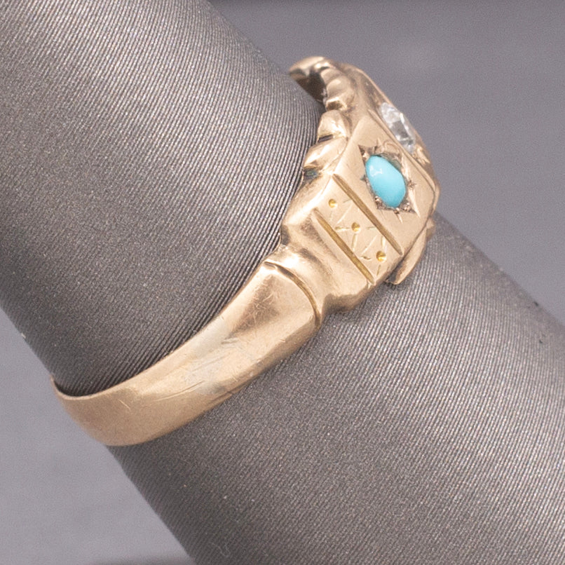 Antique Victorian Old Mine Cut Diamond and Turquoise Band Ring in 9k Rosy Gold