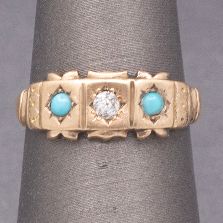 Antique Victorian Old Mine Cut Diamond and Turquoise Band Ring in 9k Rosy Gold
