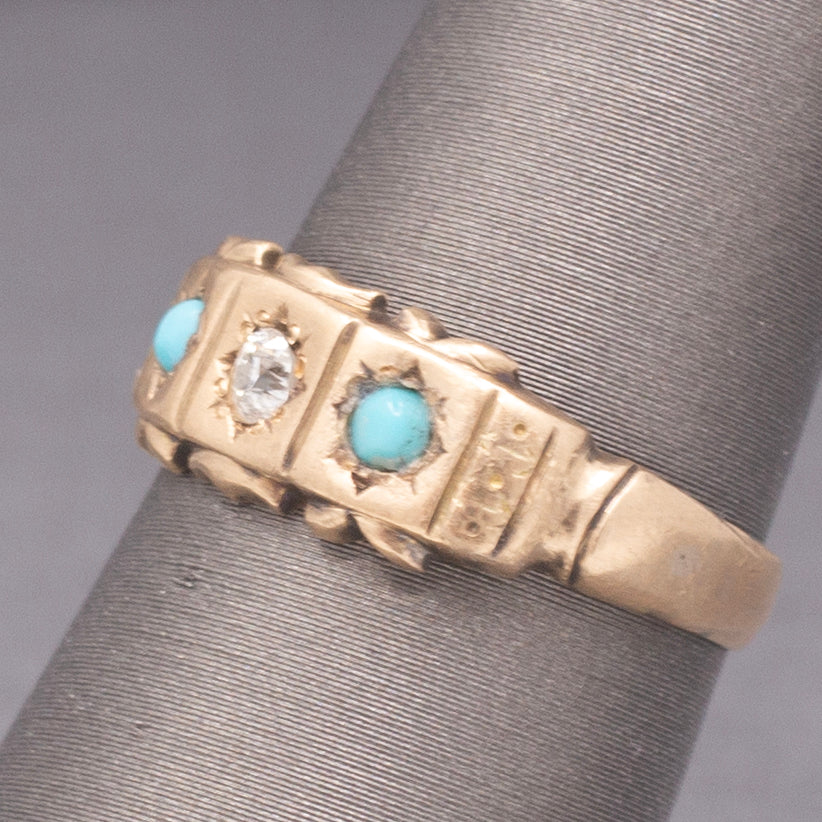 Antique Victorian Old Mine Cut Diamond and Turquoise Band Ring in 9k Rosy Gold