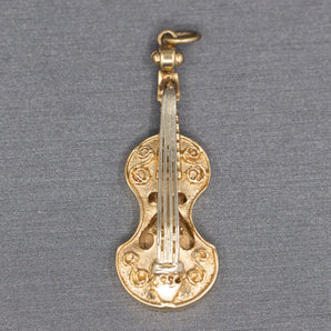 Detailed Violin Pendant or Large Charm in White and Yellow 14k Gold