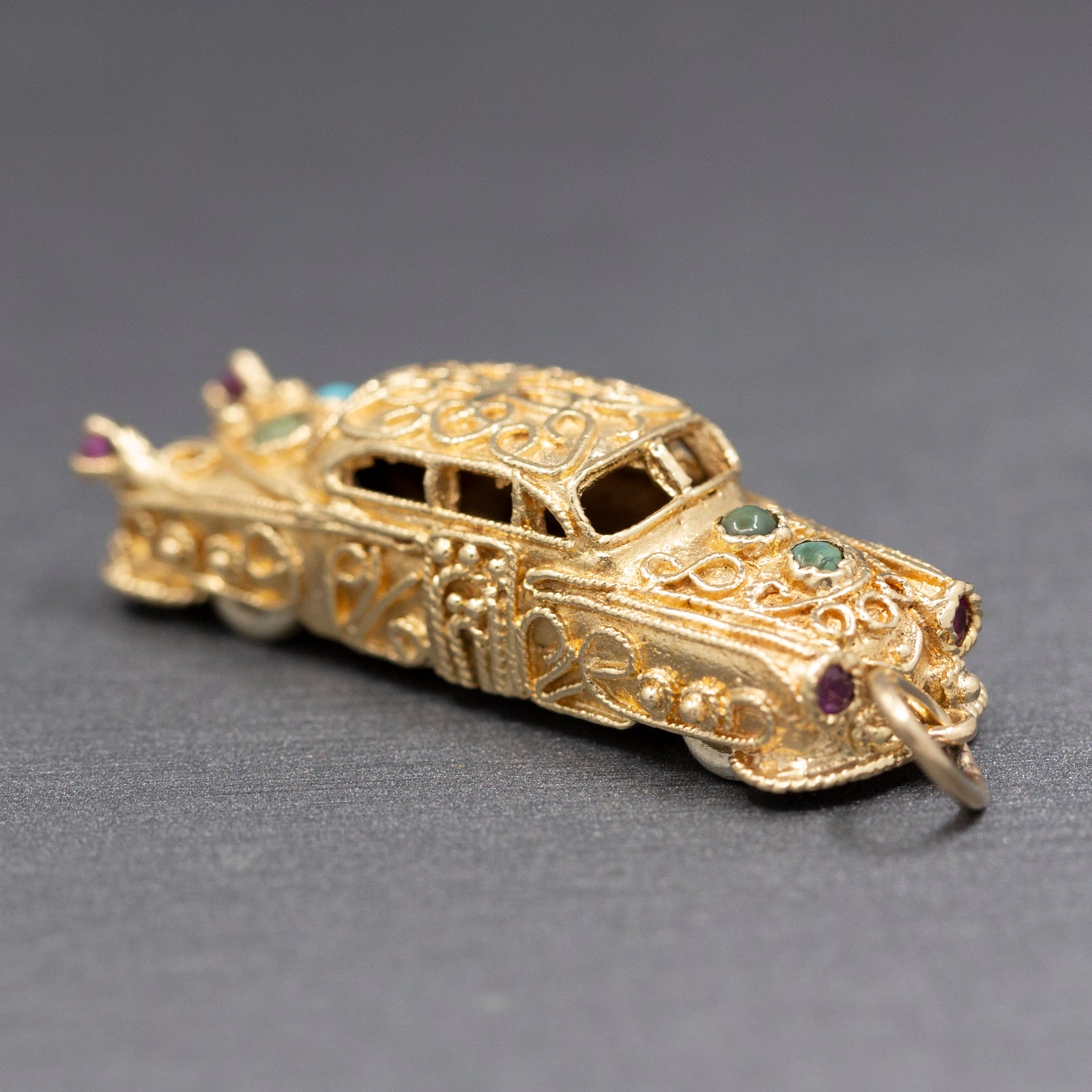 Etruscan Revival 1957 Cadillac Pendant Charm with Spinning Wheels in 14k Yellow Gold
