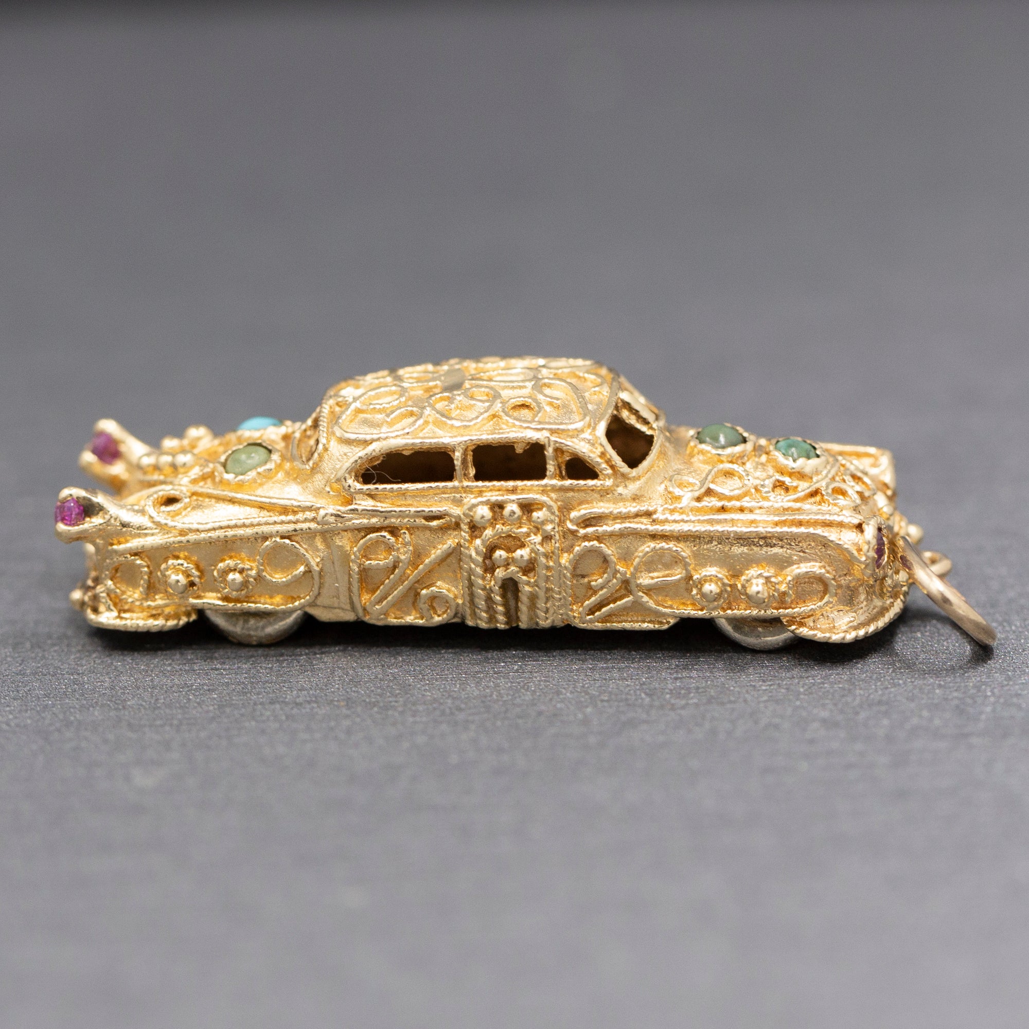 Etruscan Revival 1957 Cadillac Pendant Charm with Spinning Wheels in 14k Yellow Gold