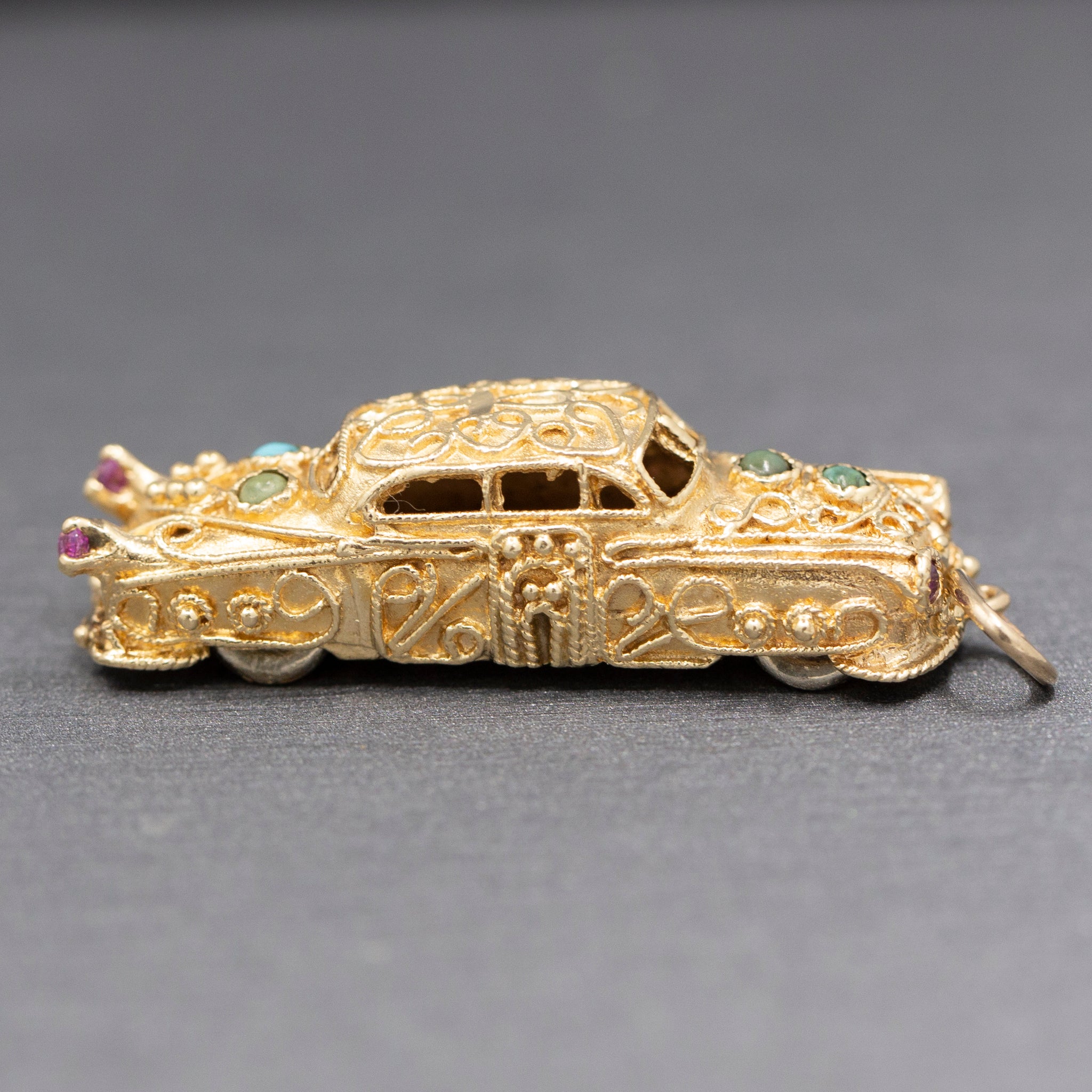 Etruscan Revival 1957 Cadillac Pendant Charm with Spinning Wheels in 14k Yellow Gold