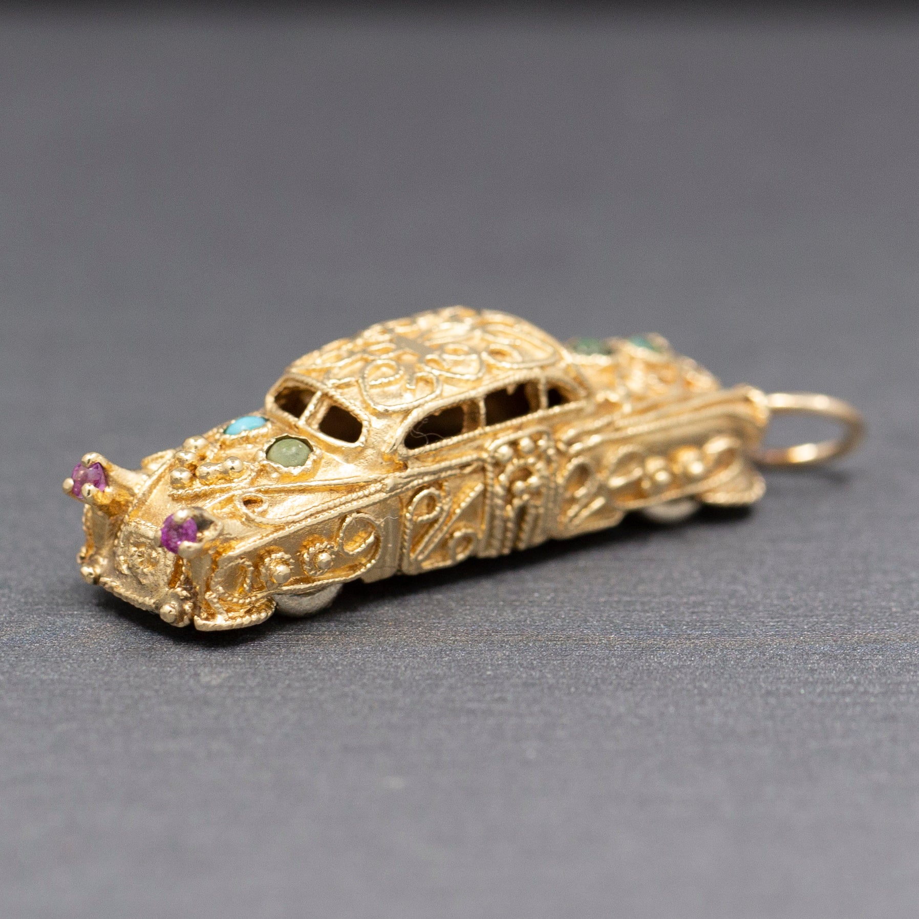 Etruscan Revival 1957 Cadillac Pendant Charm with Spinning Wheels in 14k Yellow Gold