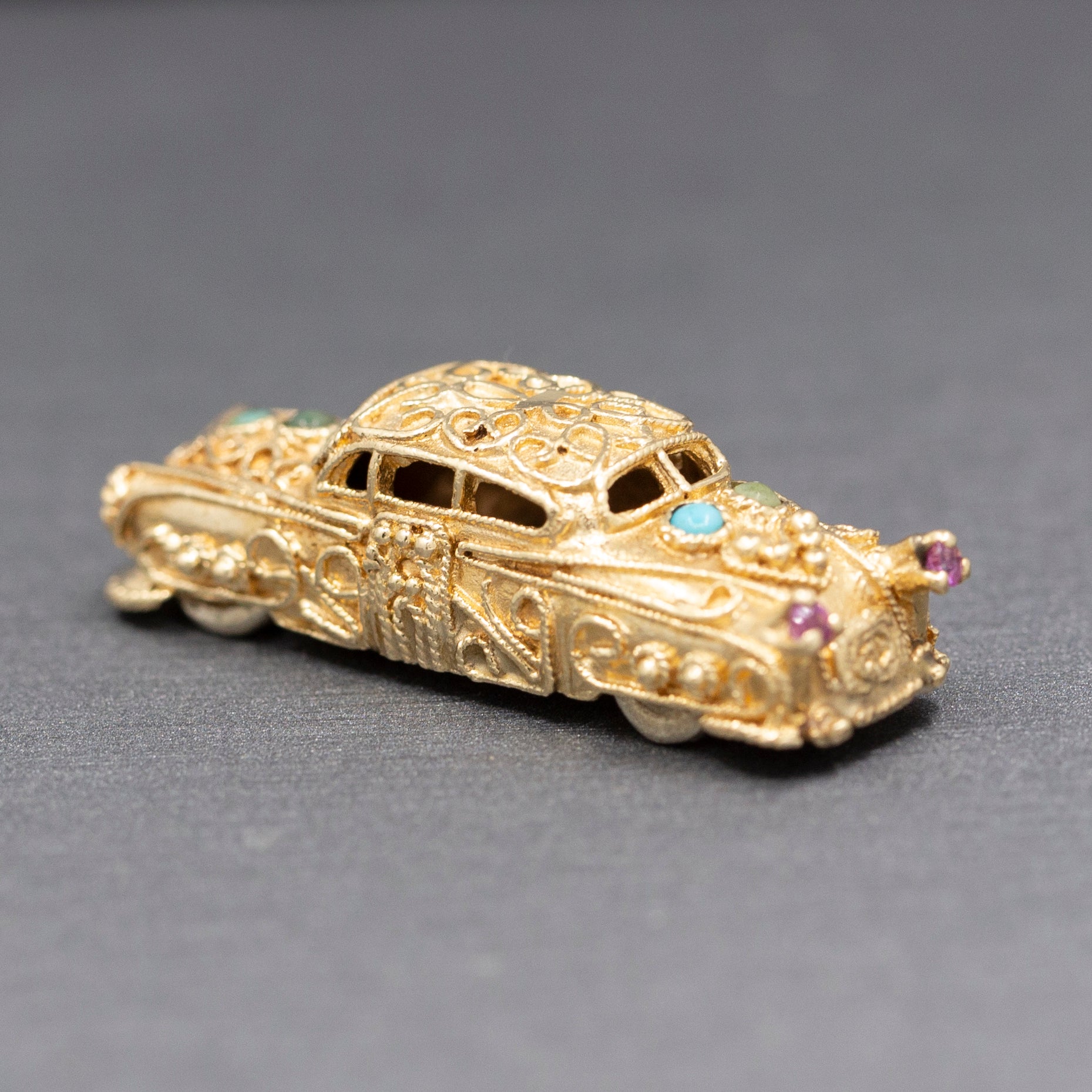 Etruscan Revival 1957 Cadillac Pendant Charm with Spinning Wheels in 14k Yellow Gold