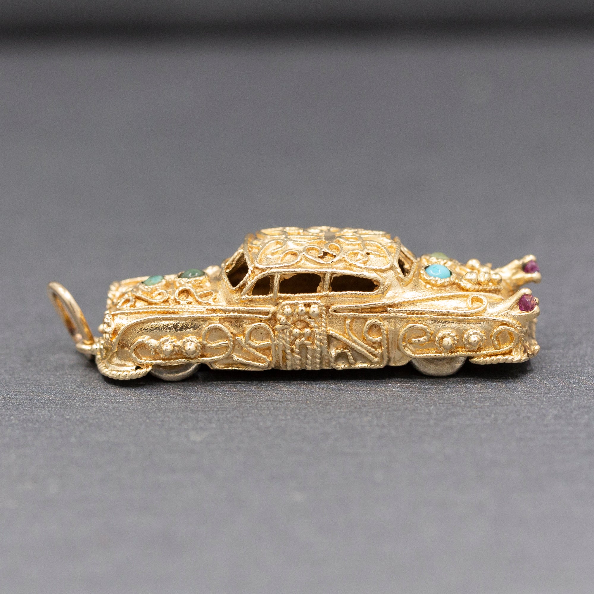 Etruscan Revival 1957 Cadillac Pendant Charm with Spinning Wheels in 14k Yellow Gold