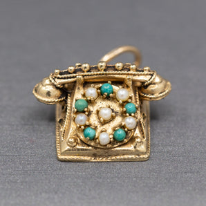 Exquisite Etruscan Revival Rotary Telephone Phone Charm with Spinning Dial in 14k Yellow Gold