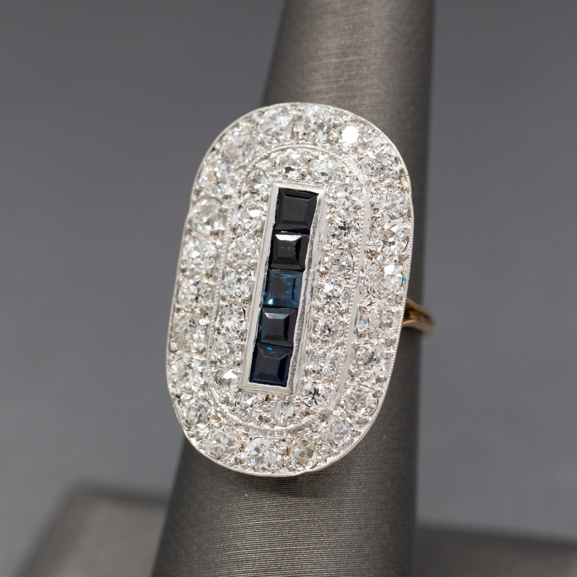 Spectacular Sapphire and Old European Cut Diamond Cocktail Ring in Platinum Topped 14k Gold